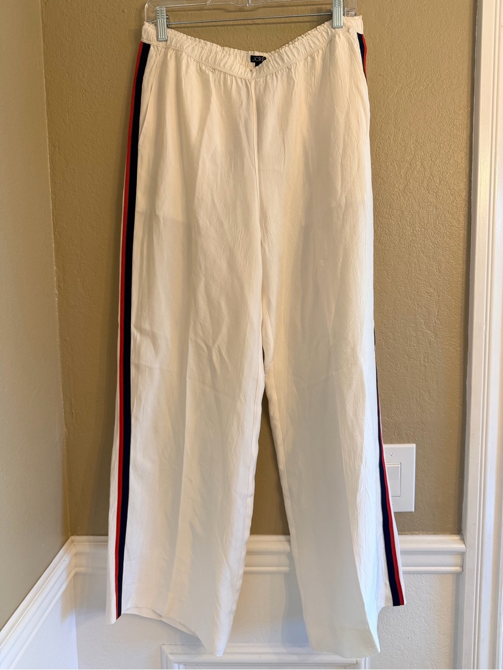 NWT J. Crew Stratus Satin Side Stripe Wide Leg Track Pants in Ivory, Women's 8